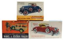 Scale Model Kits (3), unbuilt Model A wagon, '30 Packard & '32 Chevy, all b