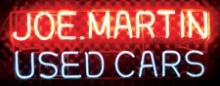 Automotive Neon Sign, "Joe Martin Used Cars", red & white neon, Exc working