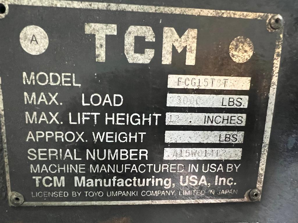 TCM FCG15 Forklift Model F-CG15T8T Serial No A15W01412
