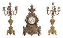 French Brass Clock and Garniture Set