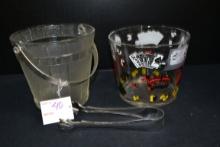 Pair of Vintage Ice Buckets; One is Hazel Atlas Casino Pattern and One is Frosted with Handle and To