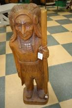 Hand Carved Indian Chief Statue 40"x 11"; Staff is Cracked