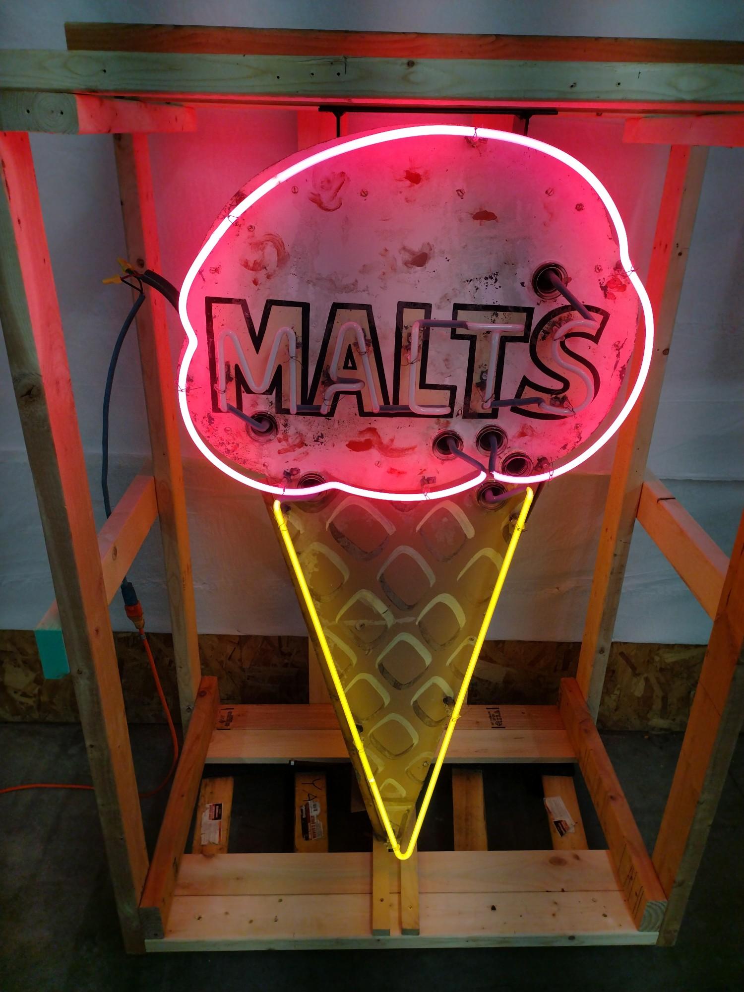 Vintage Double-Sided Tin Constructed Neon Malts Sign
