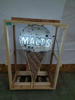 Vintage Double-Sided Tin Constructed Neon Malts Sign