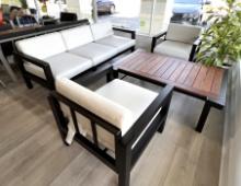 "Addison", a 4 Piece  Outdoor Patio Furniture Set with a 3 Seater Sofa, (2) Side Chairs and a Teak T