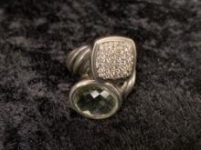 One Ring with Scissor Cut Prasiolite and Diamonds in Sterling Silver