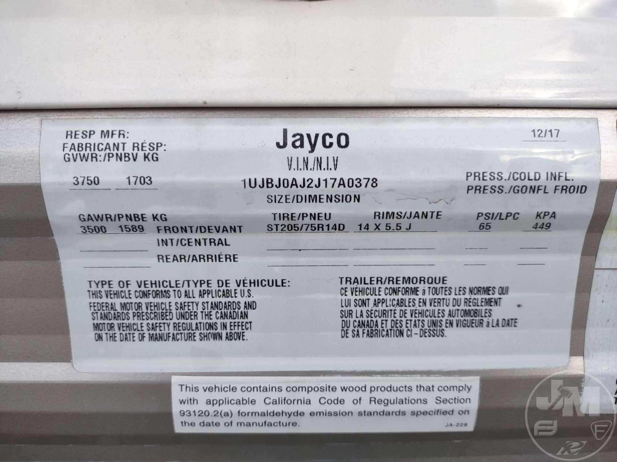 2018 JAYCO JAYFLIGHT SLX 7 195RB  VIN: 1UJBJ0AJ2J17A0378 BUMPER PULL CAMPER