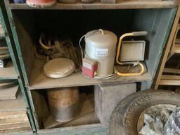 2 SHELFS AND CONTENTS, OIL CAN, LANTERNS, CLOCK, LAMPS, HUB