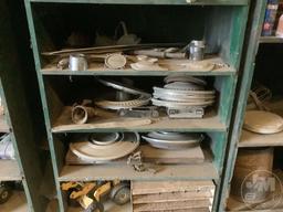 2 SHELFS AND CONTENTS, OIL CAN, LANTERNS, CLOCK, LAMPS, HUB