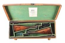 (A) COMPOSED PAIR OF WESTLEY RICHARDS 12 GAUGE PINFIRE SIDE BY SIDE SHOTGUNS IN CASE.