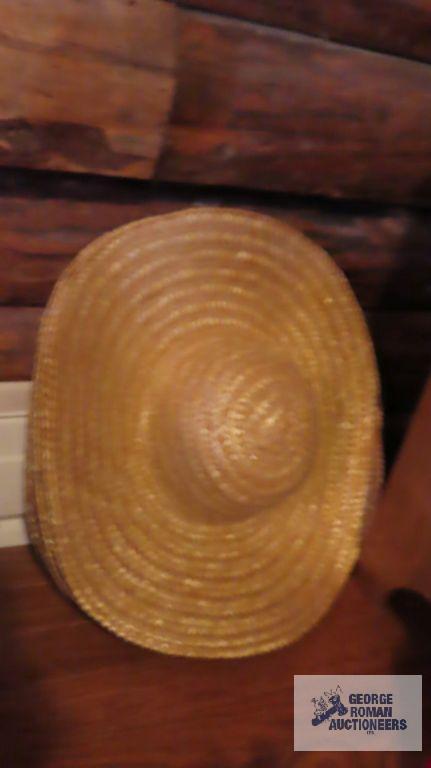 Cowboy boots, size eight, cowboy hat and other straw hats