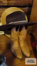 Cowboy boots, size eight, cowboy hat and other straw hats