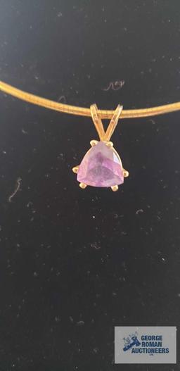 Gold colored necklace, marked 14KT Italy with purple stone pendant, marked 14K RGE, total