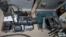 Two Black and Decker drills with four batteries, two chargers and two cases. Includes Makita