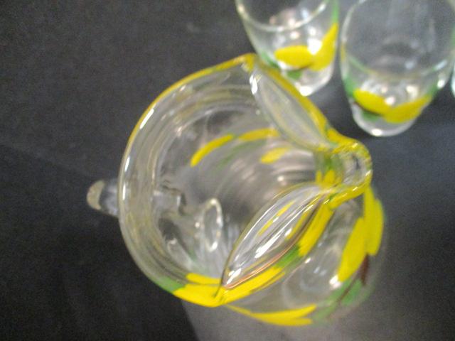 Midcentury Handpainted Juice Set with Yellow Flowers