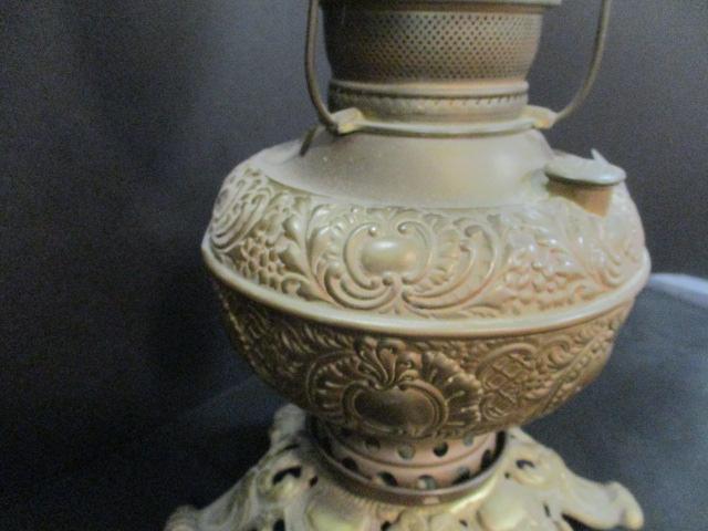 Victorian Brass Oil Lamp with Frosted Bird Motif Shade