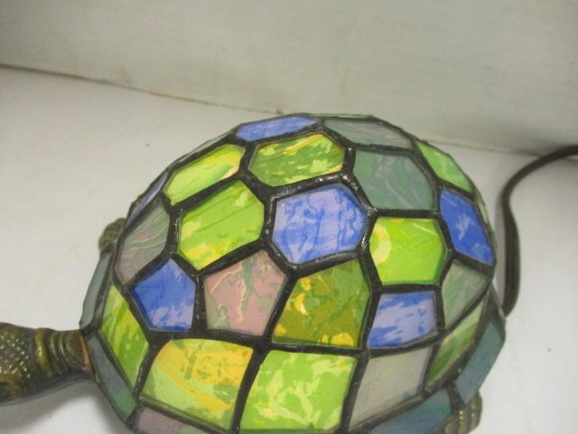 Cast Metal Turtle Night Light w/ Stained Glass Shell Shade