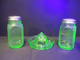 Green Vaseline Glass Shakers and Juice Reamer