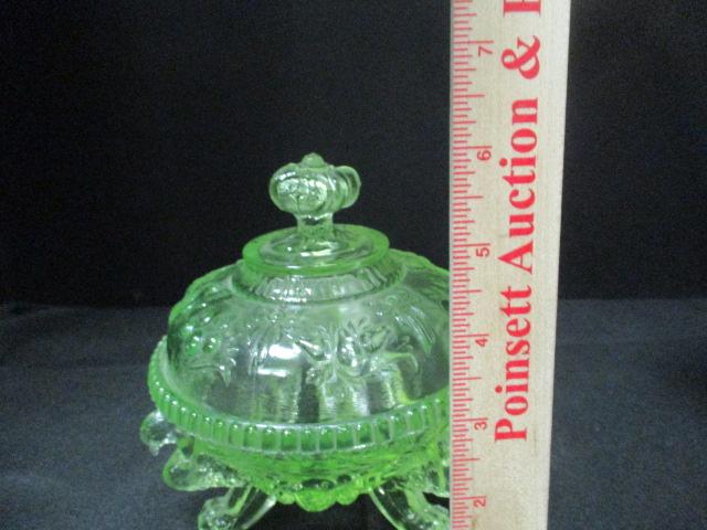 Green Vaseline Glass Candy Dish with Goose Feet