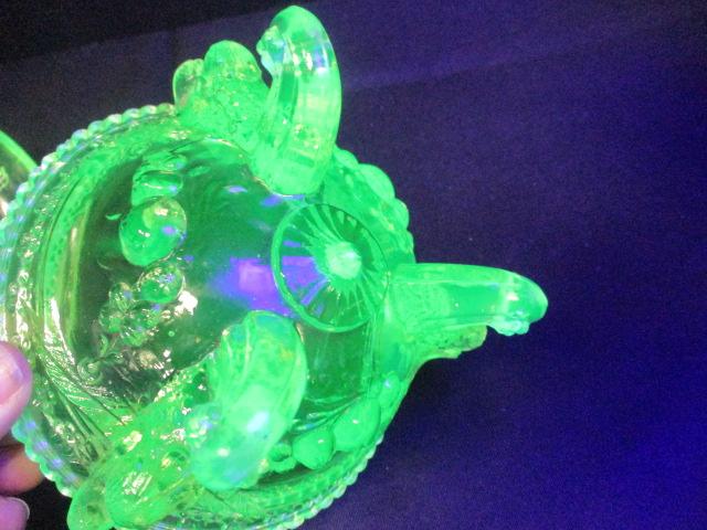 Green Vaseline Glass Candy Dish with Goose Feet