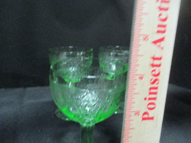 Four Green Vaseline Glass Cordial/Sherry Glasses