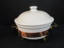 White Stoneware Baker with Copper/Brass Serving Stand