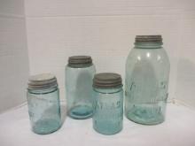 Vintage Blue Glass Canning Jars with Zinc Lids
