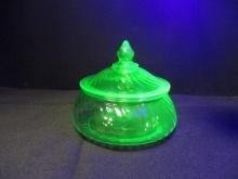 Green Vaseline Glass Swirl Design Lidded Dish