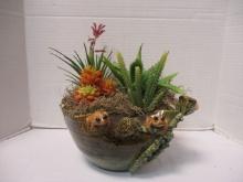 Glazed Pottery Bowl w/ Tree Frogs and Artificial Succulents