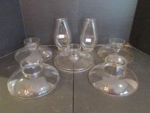 Pair of Squash Clear Glass Chimneys and Five Clear Glass Bell Shades