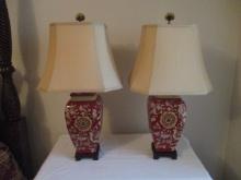 Pair of Red and Gold Floral Table Lamps