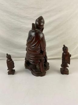 3 pcs Vintage Asian Carved Wooden Wise Men Figural Statuettes. Measures 8" x 15" See pics.