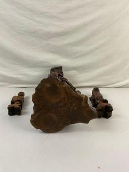 3 pcs Vintage Asian Carved Wooden Wise Men Figural Statuettes. Measures 8" x 15" See pics.