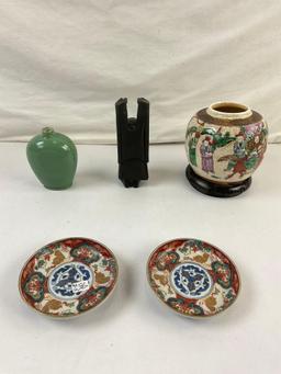 4 pcs Vintage Asian Decorative Assortment. Pair of Antique Imari Dishes. Black Stone Buddha. See