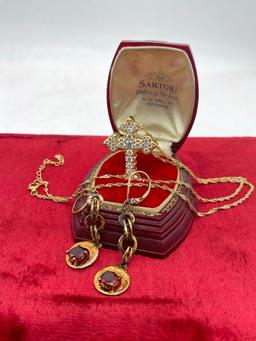 Sterling silver .925 golden CZ cross neckalce and .925 gold tone ruby glass earrings