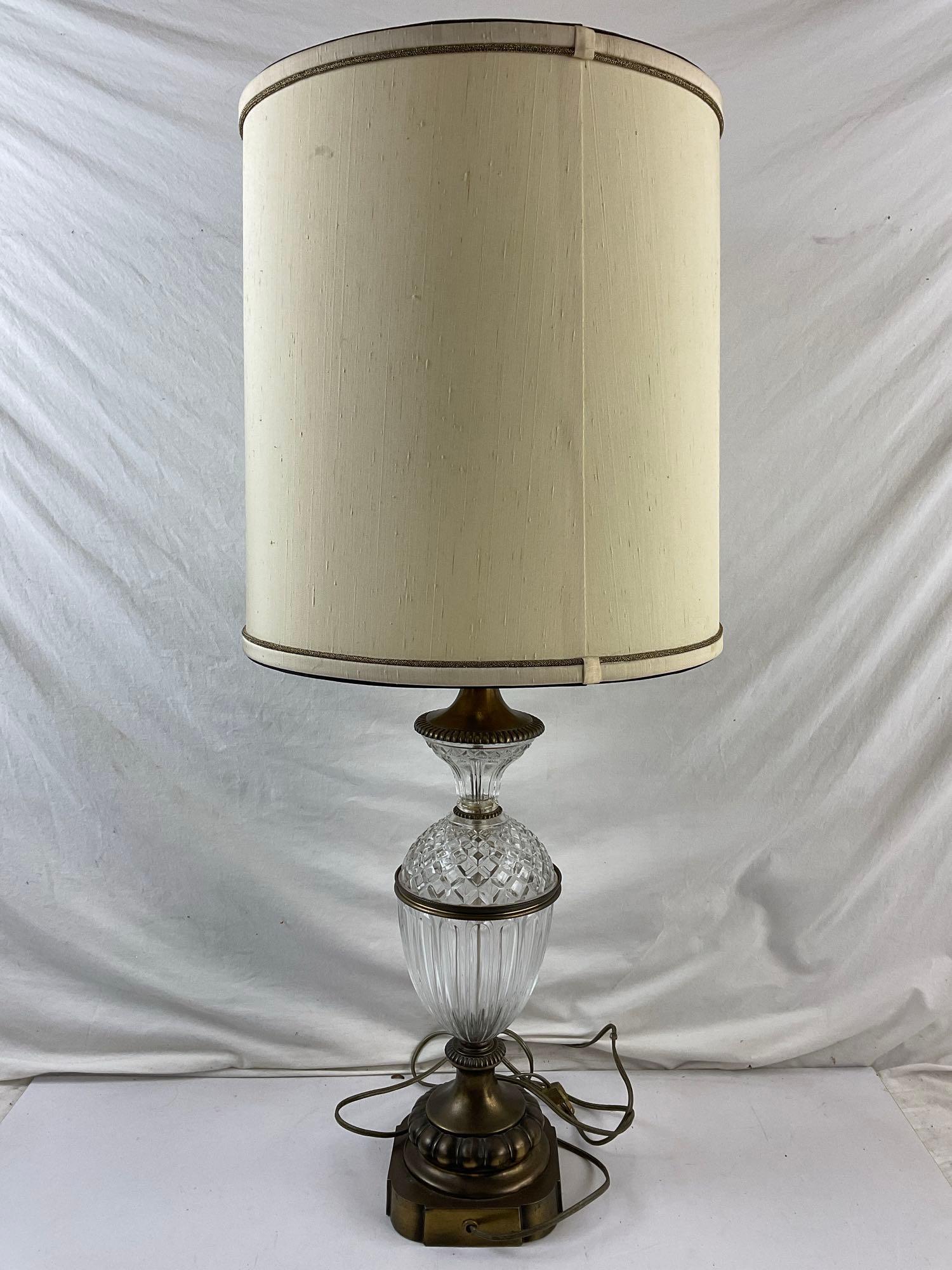 Vintage Glass & Brass Table Lamp w/ Cream Fabric Shade. Tested, Working. See pics.