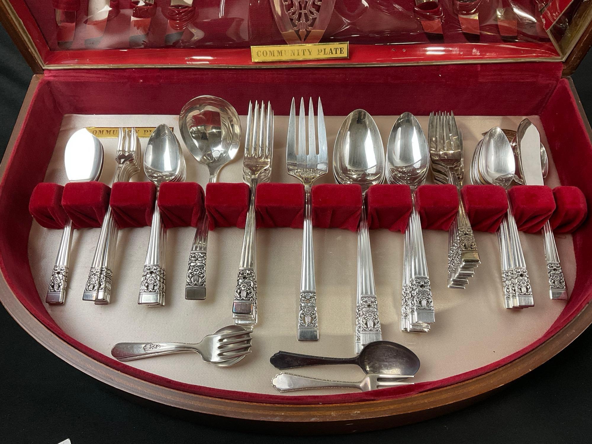 Community Plate Silver plated Flatware w/ Case, approx 60 pcs & 2 Sterling Silver pcs, ~30 grams