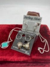 3x pairs of sterling silver earrings with sterling blue stone pendant necklace