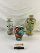 3 pcs Vintage Asian Ceramic Urn Assortment. 2 Chinese, 1 Japanese Vases w/ Floral Designs. See pi...
