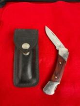 Buck Folding Pocket Knife w/ Leather Buck Sheathe - Stamped with anvil mark - See pics