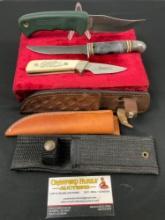 3x Schrade Fixed Blade Knives, Models 147, 142OT Old Timer, SC509 Little Finger Scrimshaw Handler