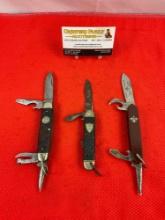 3 pcs Vintage Folding 4-Blade Utility Boy Scout Knives, 1x Remington, 1x Camillus, 1x Imperial. As