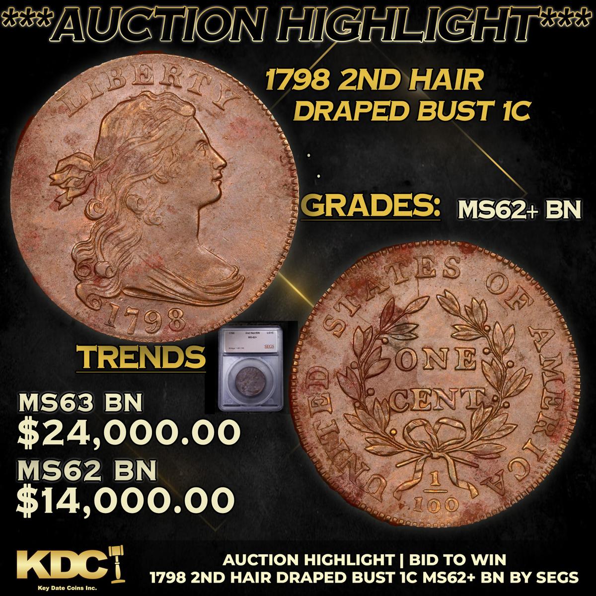 ***Auction Highlight*** 1798 2nd Hair Draped Bust Large Cent 1c Graded ms62+ bn By SEGS (fc)
