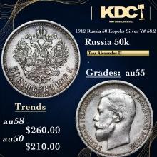 1912 Russia 50 Kopeks Silver Y# 58.2 Grades Choice AU