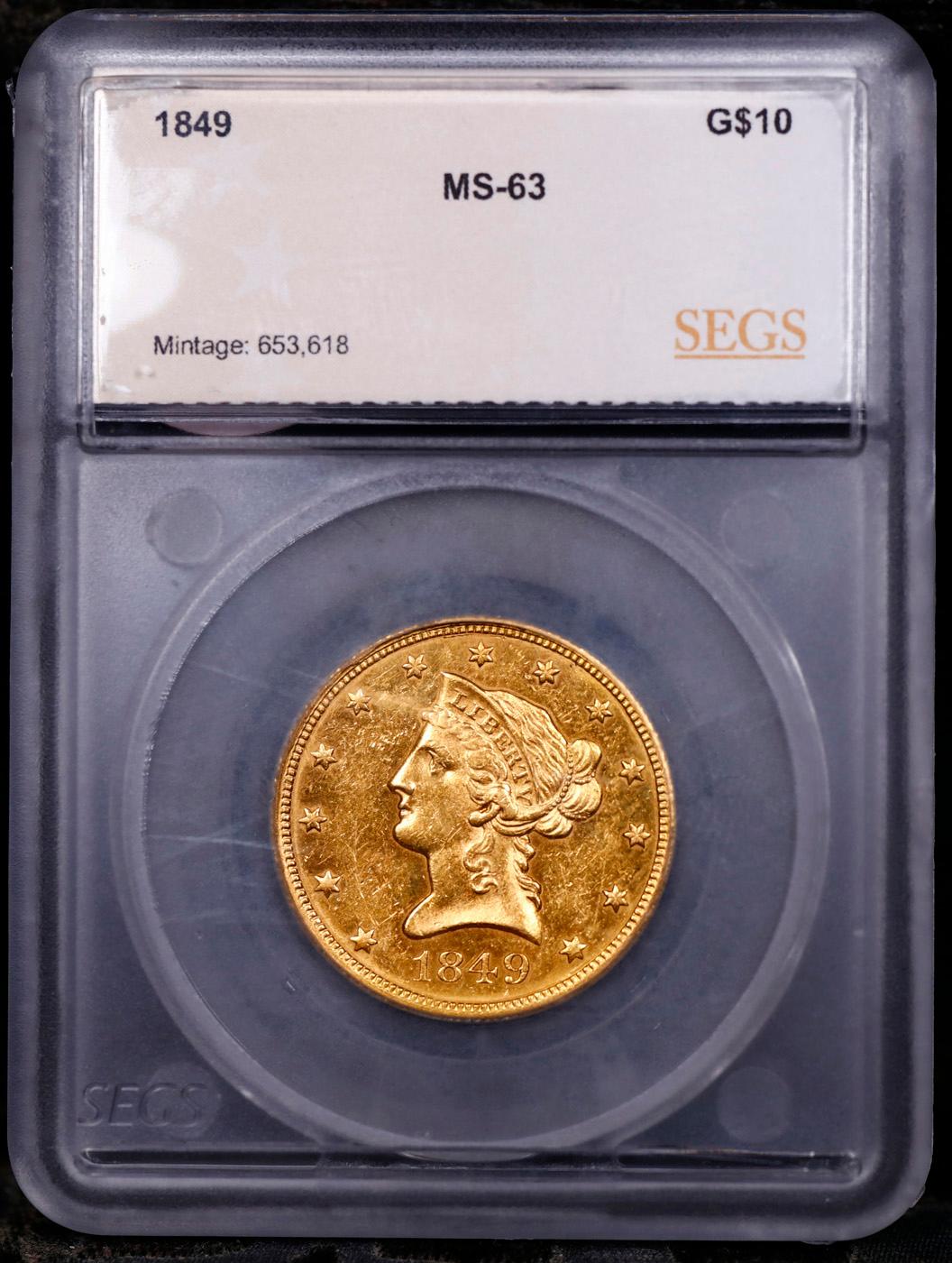 ***Auction Highlight*** 1849-p Gold Liberty Eagle Near Top Pop! $10 Graded ms63 By SEGS (fc)