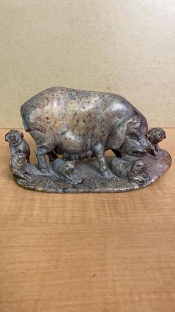 CHINESE CARVED STONE PIG & PIGLETS FIGURINE