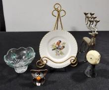 Misc. Home Decoratives, Easel, Plate, Bowl, Owl Figurines, Antelope Candle Holder