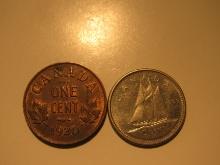Foreign Coins: Canada 1920 1 & 1969 10 Cents