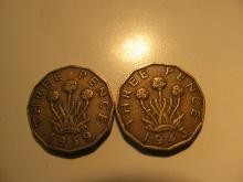 Foreign Coins: 1939 (WWII) & 1943 (WWII) Great Britain 3 Pences