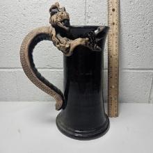 Signed Pottery Mug with Dragon Handle